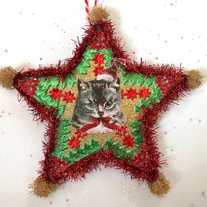 Santa CAT Christmas ORNAMENT | 5” STAR Ornament  | Glittered & Dresden Die-cut Scrap | Vintage Style Cat Santa Ornament | Dreso23-28