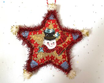 SNOWMAN Christmas ORNAMENT | 5” STAR Ornament  | Glittered & Dresden Die-cut Scrap | Vintage Style Snowman Ornament | Dreso23-22