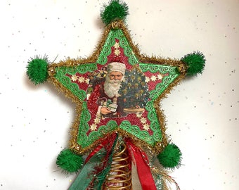 SANTA Claus Christmas Tree TOPPER | 8” STAR Tree Topper | Glittered & Dresden Die-cut Scrap | Vintage Style Santa Tree Topper | Dresx23-02