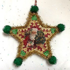 SANTA Claus Christmas ORNAMENT | 5” STAR Ornament  | Glittered & Dresden Die-cut Scrap | Vintage Style Santa Ornament | Dreso23-02