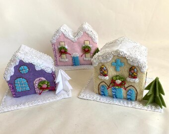 Finished BUCILLA Putz Village / Christmas Putz Houses | Felt + Embroidered + Sequined 3D HOUSES Set of3 | Pink House + Purple House + Church