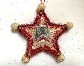 Santa CAT Christmas ORNAMENT | 5” STAR Ornament  | Glittered & Dresden Die-cut Scrap | Vintage Style Cat Santa Ornament | Dreso23-15