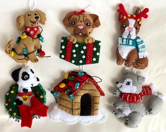 Finished BUCILLA Christmas Dogs | Felt + Embroidered + Sequined ORNAMENTS Set of 6 | Pug + Boxer + Golden Retriever + Dalmatian + Husky