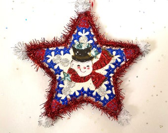 SNOWMAN Christmas ORNAMENT | 5” STAR Ornament  | Glittered & Dresden Die-cut Scrap | Vintage Style Snowman Ornament | Dreso23-20