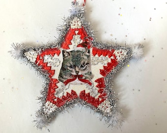 Santa CAT Christmas ORNAMENT | 5” STAR Ornament  | Glittered & Dresden Die-cut Scrap | Vintage Style Cat Santa Ornament | Dreso23-24