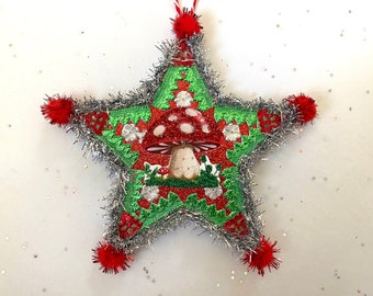 Mushroom Christmas ORNAMENT | 5” STAR Ornament  | Glittered & Dresden Die-cut Scrap | Vintage Style Red Mushroom Ornament | Dreso23-32