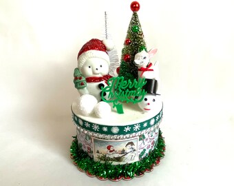 Snowman CHRISTMAS OOAK Mixed Media 6” Box | Christmas SNOWMAN & Reindeer Vignette |  Christmas Snowman Assemblage X23-10