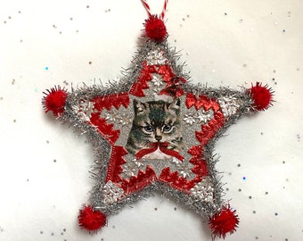 Santa CAT Christmas ORNAMENT | 5” STAR Ornament  | Glittered & Dresden Die-cut Scrap | Vintage Style Cat Santa Ornament | Dreso23-13