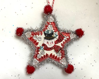 SNOWMAN Christmas ORNAMENT | 5” STAR Ornament  | Glittered & Dresden Die-cut Scrap | Vintage Style Snowman Ornament | Dreso23-10