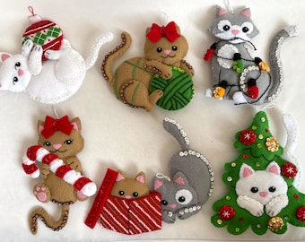 Finished BUCILLA Christmas Frisky Kitties | Felt + Embroidered + Sequined ORNAMENTS Set of 6 | Christmas CAT Holiday Ornaments