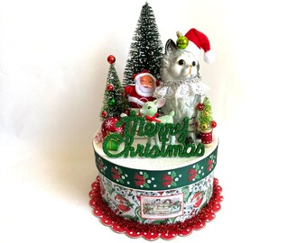 Grey Cat Santa CHRISTMAS OOAK Mixed Media 9” Box | Christmas Santa Claus CAT Vignette | Pastel Christmas Gray Cat Assemblage X23-03