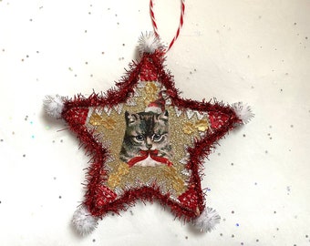 Santa CAT Christmas ORNAMENT | 5” STAR Ornament  | Glittered & Dresden Die-cut Scrap | Vintage Style Cat Santa Ornament | Dreso23-14