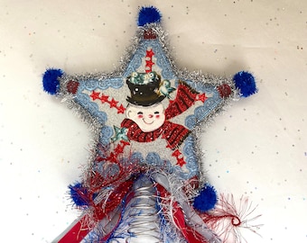 SNOWMAN Christmas Tree TOPPER | 8” STAR Tree Topper | Glittered & Dresden Die-cut Scrap | Vintage Style Snowman Tree Topper | Dresx23-05