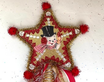SNOWMAN Christmas Tree TOPPER | 8” STAR Tree Topper | Glittered & Dresden Die-cut Scrap | Vintage Style Snowman Tree Topper | Dresx23-06