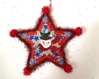 SNOWMAN Christmas ORNAMENT | 5” STAR Ornament  | Glittered & Dresden Die-cut Scrap | Vintage Style Snowman Ornament | Dreso23-21