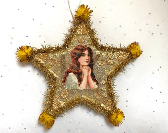 ANGEL Christmas ORNAMENT | 5” STAR Ornament  | Glittered & Dresden Die-cut Scrap | Vintage Style Angel Ornament | Dreso23-08