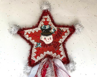 SNOWMAN Christmas Tree TOPPER | 8” STAR Tree Topper | Glittered & Dresden Die-cut Scrap | Vintage Style Snowman Tree Topper | Dresx23-07
