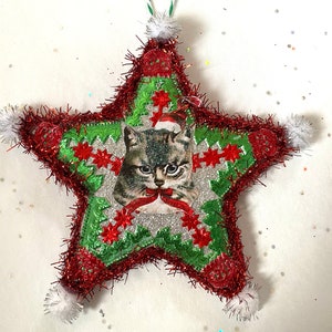 Santa CAT Christmas ORNAMENT | 5” STAR Ornament  | Glittered & Dresden Die-cut Scrap | Vintage Style Cat Santa Ornament | Dreso23-26