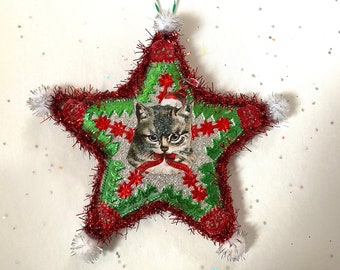 Santa CAT Christmas ORNAMENT | 5” STAR Ornament  | Glittered & Dresden Die-cut Scrap | Vintage Style Cat Santa Ornament | Dreso23-26