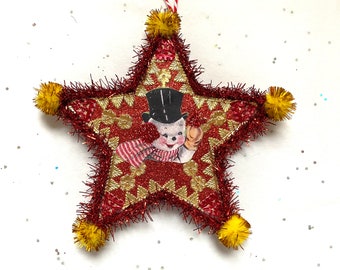 SNOWMAN Christmas ORNAMENT | 5” STAR Ornament  | Glittered & Dresden Die-cut Scrap | Vintage Style Snowman Ornament | Dreso23-34