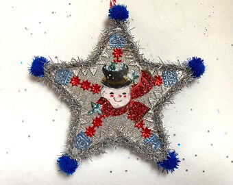 SNOWMAN Christmas ORNAMENT | 5” STAR Ornament  | Glittered & Dresden Die-cut Scrap | Vintage Style Snowman Ornament | Dreso23-09