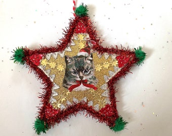 Santa CAT Christmas ORNAMENT | 5” STAR Ornament  | Glittered & Dresden Die-cut Scrap | Vintage Style Cat Santa Ornament | Dreso23-27