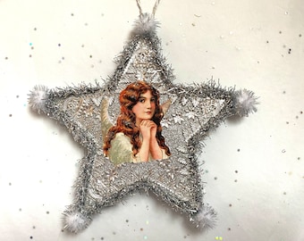 ANGEL Christmas ORNAMENT | 5” STAR Ornament  | Glittered & Dresden Die-cut Scrap | Vintage Style Angel Ornament | Dreso23-07