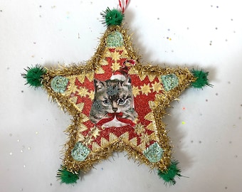 Santa CAT Christmas ORNAMENT | 5” STAR Ornament  | Glittered & Dresden Die-cut Scrap | Vintage Style Cat Santa Ornament | Dreso23-30