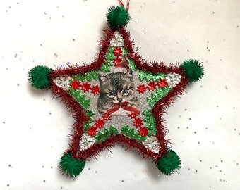 Santa CAT Christmas ORNAMENT | 5” STAR Ornament  | Glittered & Dresden Die-cut Scrap | Vintage Style Cat Santa Ornament | Dreso23-17