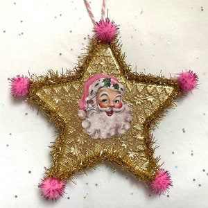 Pink SANTA Christmas ORNAMENT | 5” STAR Ornament  | Glittered & Dresden Die-cut Scrap | Vintage Style Pink Santa Ornament | Dreso23-19