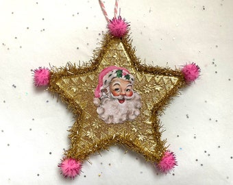 Pink SANTA Christmas ORNAMENT | 5” STAR Ornament  | Glittered & Dresden Die-cut Scrap | Vintage Style Pink Santa Ornament | Dreso23-19