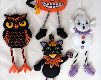 Finished BUCILLA “Halloween Squad” Ornaments | Felt + Embroidered + Sequined | 4” x 8.5” ORNAMENTS Set of 4 | JOL + Owl + Black Cat + Ghost