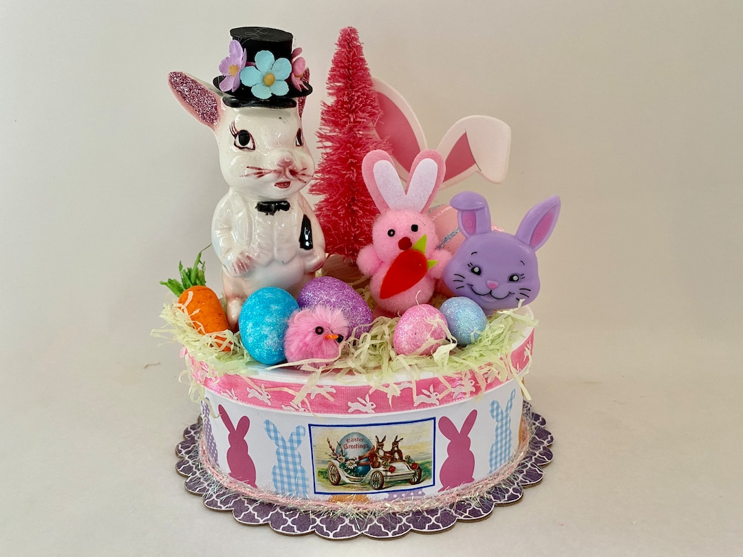 BUNNY Rabbit EASTER Assemblage OOAK Box Mixed Media Kitsch Retro Easter ...