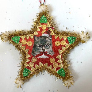 Santa CAT Christmas ORNAMENT | 5” STAR Ornament  | Glittered & Dresden Die-cut Scrap | Vintage Style Cat Santa Ornament | Dreso23-29