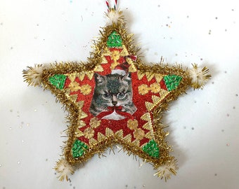 Santa CAT Christmas ORNAMENT | 5” STAR Ornament  | Glittered & Dresden Die-cut Scrap | Vintage Style Cat Santa Ornament | Dreso23-29