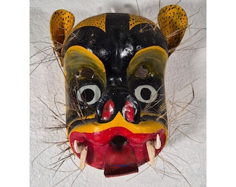 Vintage Mexicaanse volkskunst jaguar-masker handgesneden hout guerrerodansmasker geel