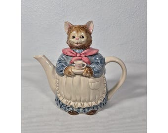 Otagiri Vintage Cat Teapot Ceramic Anthropomorphic Kitty in Dress Blue Pink