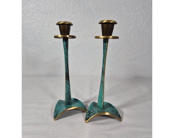 Vintage Oppenheim Israël messing verdigris kandelaars MCM 1985 set van 2
