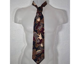 Chez Roffe New York Mens Silk Necktie Abstract Geometric Burgundy Brown Gold USA