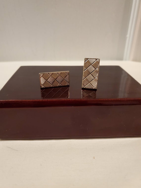 Rectangle Weave pattern Men's Cuff links - Gold t… - image 1