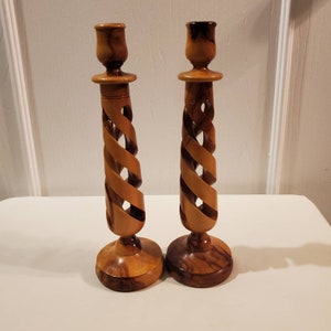 Olive Wood Spiral Pilar Candle Holders - set of 2