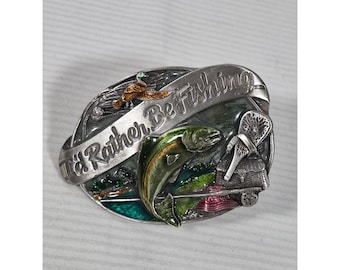 1985 Siskiyou Pewter & Enamel Belt Buckle "I'd Rather Be Fishing" Trout M-30