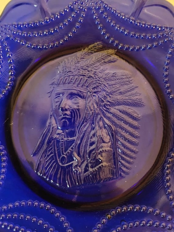Westmoreland Cobalt Blue Glass Plate Native American Chief and