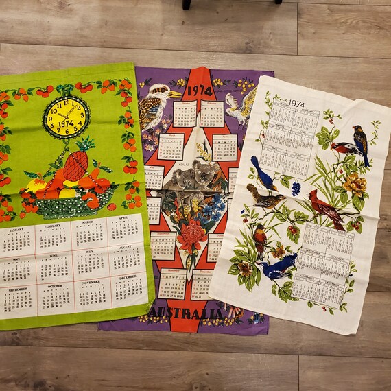 Vintage Linen Tea Towel Hanging Calendar 1974 Buyer's Choice of Fruit and Scales, Australia or Garden Birds Unused - Etsy Vintage Linen Tea Towel Hanging Calendar 1974 Buyer's Choice of Fruit and Scales, Australia or Garden Birds Unused - Etsy