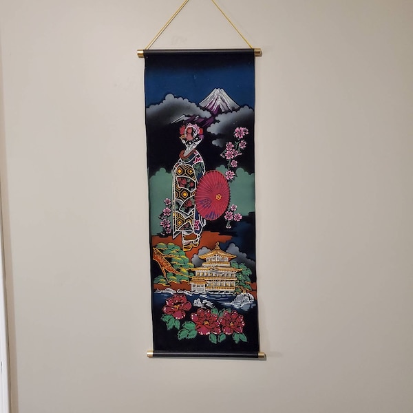 Japanese Black Velvet Painted Woman and Pagoda Scroll Style wall hanging