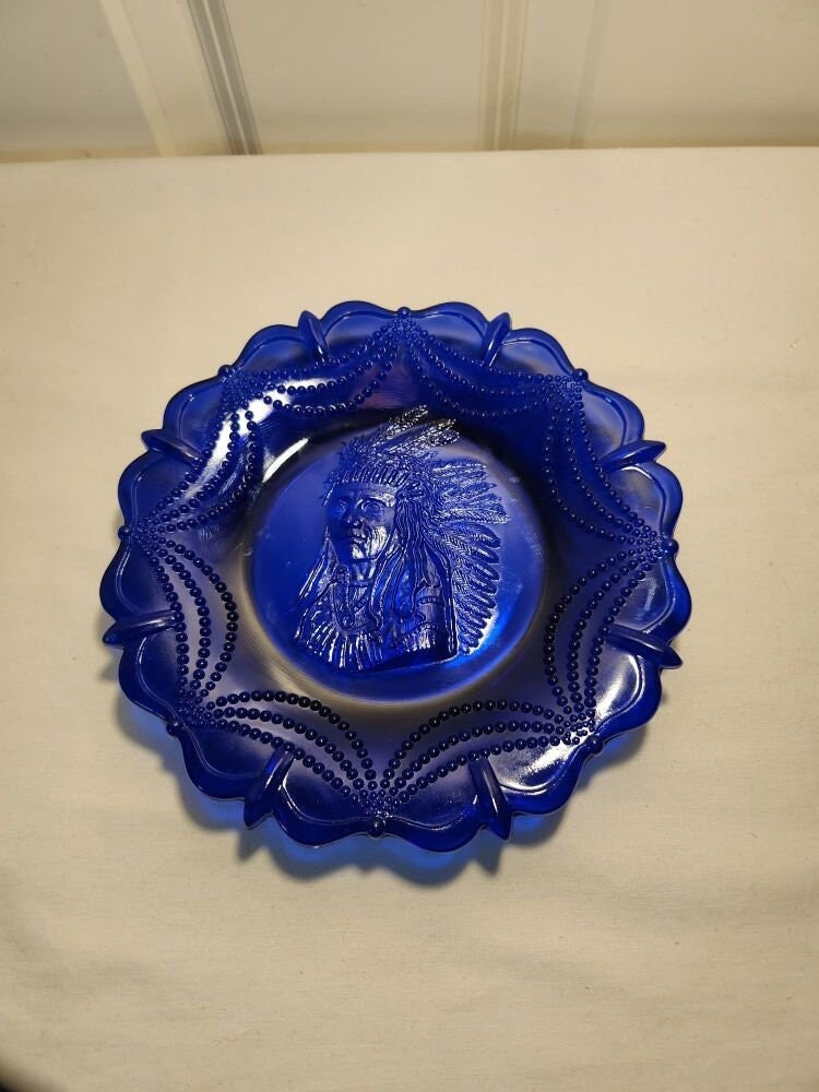 Westmoreland Cobalt Blue Glass Plate Native American Chief and
