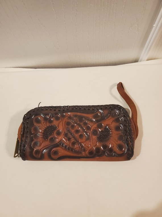 Hand made, tooled and laced leather wallet or chec