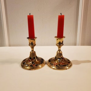 Brass and Enamel Holly Leaf and Berry Candleholder Pair