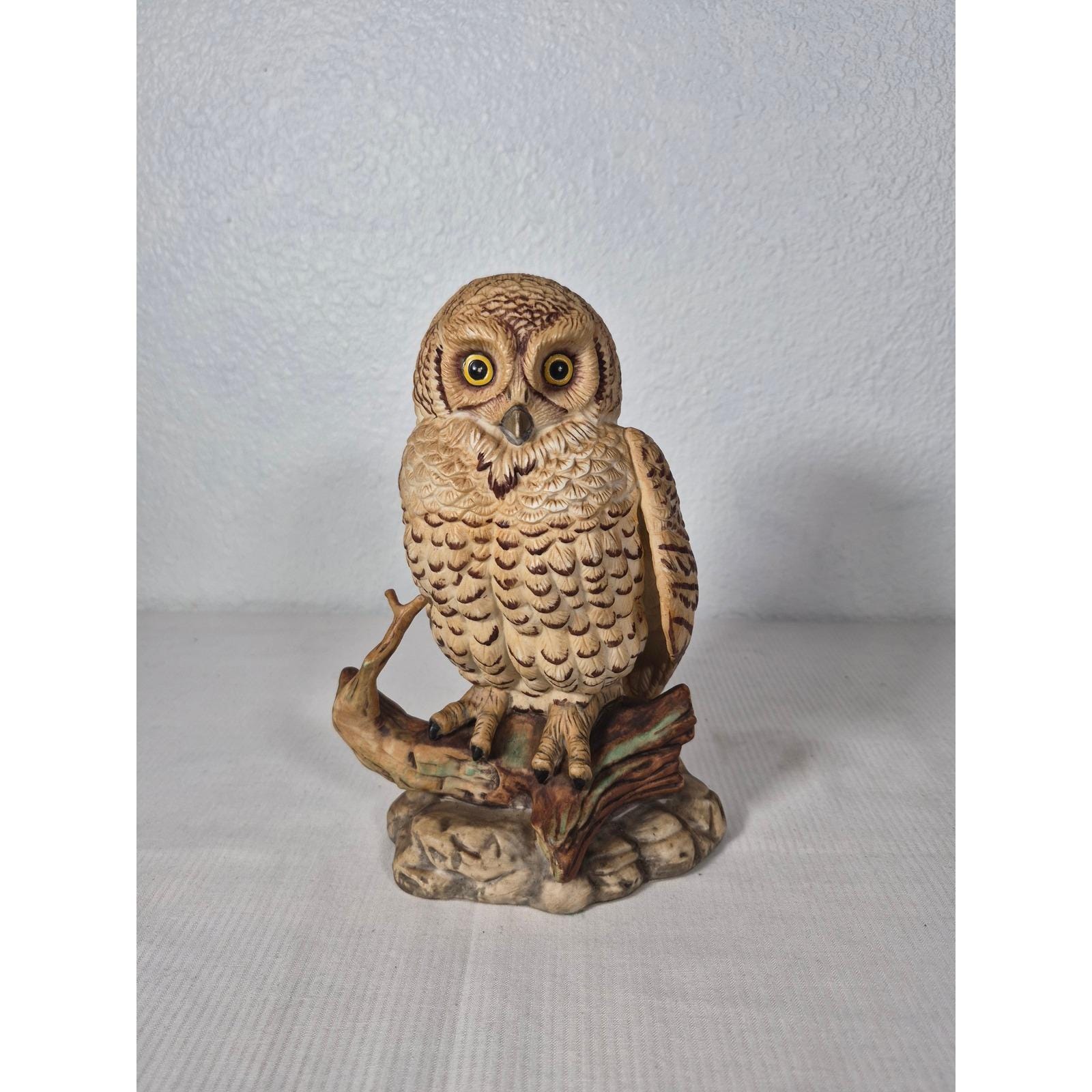 Vtg Enesco Snowy Owl Ceramic Figurine on Branch E 9029 Brown Tan Yellow Eyes