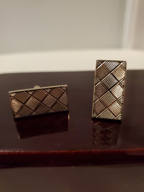 Rectangle Weave pattern Men's Cuff links - Gold t… - image 2